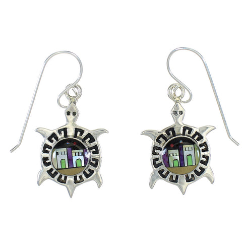 Native American Village Design Multicolor Turtle Water Wave Silver Hook Dangle Earrings WX78971